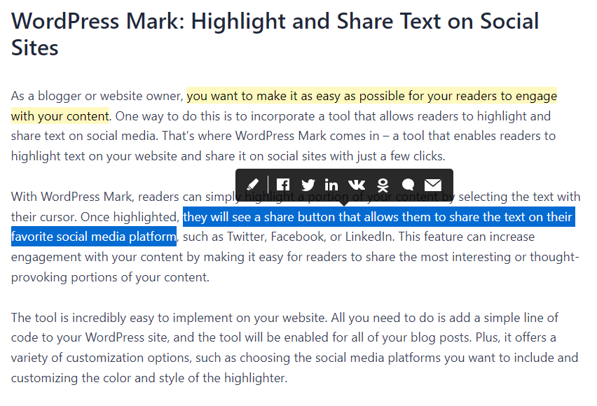 WordPress Mark Highlight and Social Share